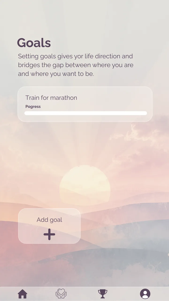 The goals screen with a goal to train for a marathon and its progress bar.