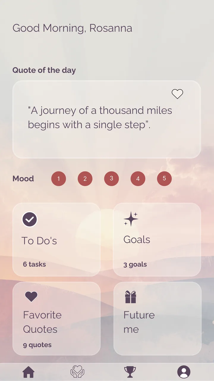 The Rise home screen: a good-morning greeting, the quote of the day, a mood check and tiles for to do's, goals, favorite quotes and future me.