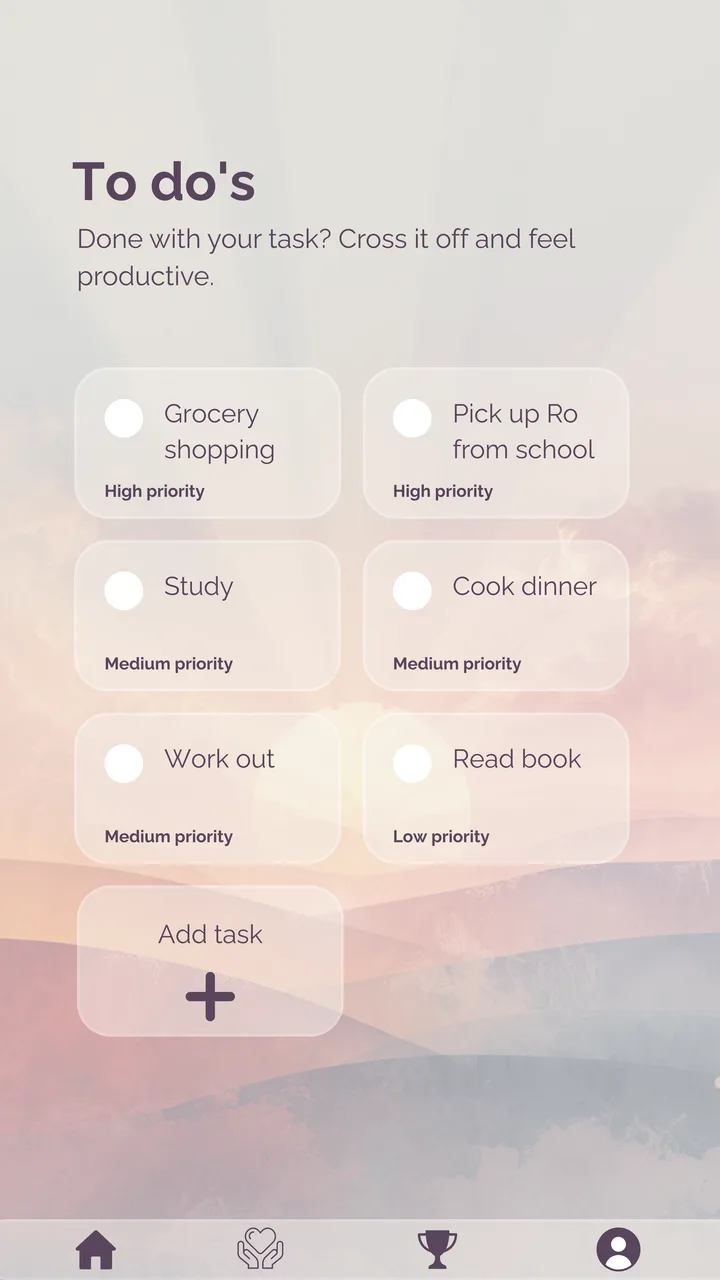 The to do's screen with tasks such as grocery shopping and reading a book, each with its own priority.